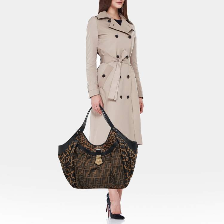 Pre Owned Fendi Brown/Black Zucca and Leopard Print Canvas Large Chef Tote