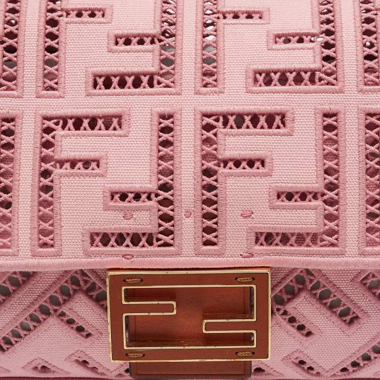 Pre Owned Fendi Pink FF Openwork Embroidered Canvas Medium Baguette Bag