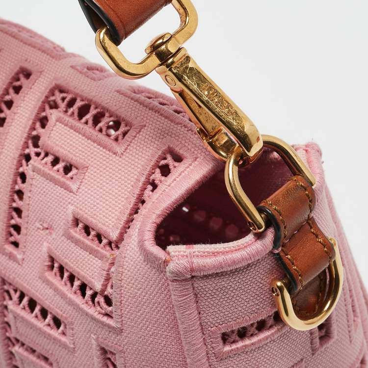 Pre Owned Fendi Pink FF Openwork Embroidered Canvas Medium Baguette Bag