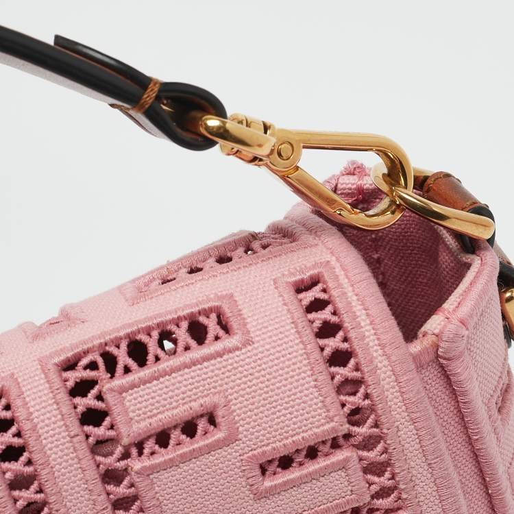 Pre Owned Fendi Pink FF Openwork Embroidered Canvas Medium Baguette Bag
