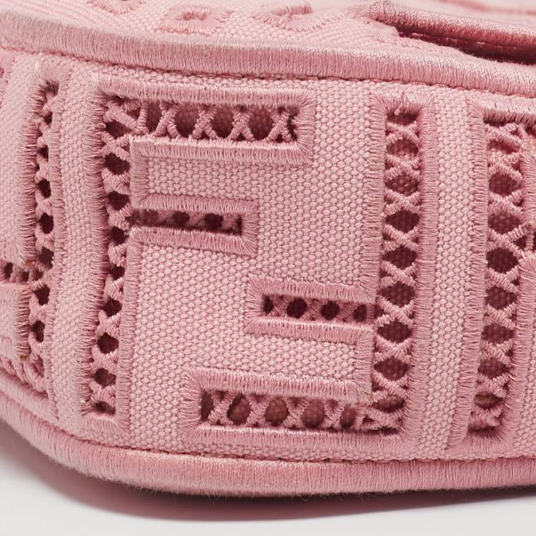Pre Owned Fendi Pink FF Openwork Embroidered Canvas Medium Baguette Bag