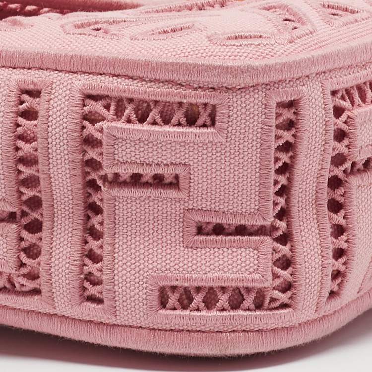 Pre Owned Fendi Pink FF Openwork Embroidered Canvas Medium Baguette Bag