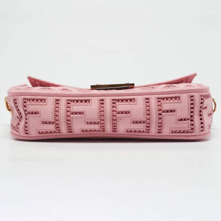 Pre Owned Fendi Pink FF Openwork Embroidered Canvas Medium Baguette Bag