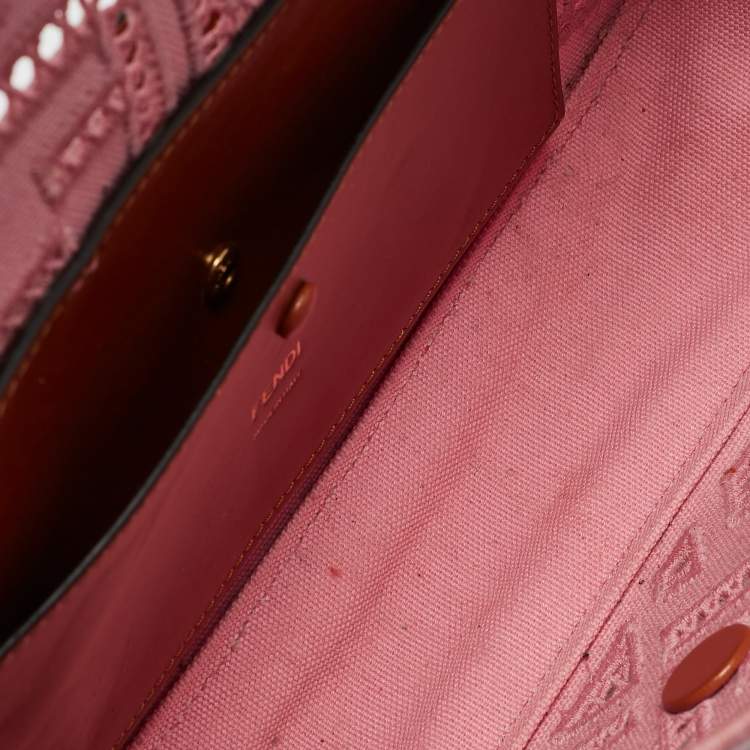 Pre Owned Fendi Pink FF Openwork Embroidered Canvas Medium Baguette Bag