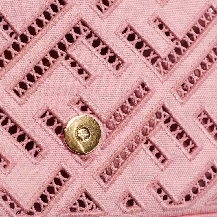 Pre Owned Fendi Pink FF Openwork Embroidered Canvas Medium Baguette Bag