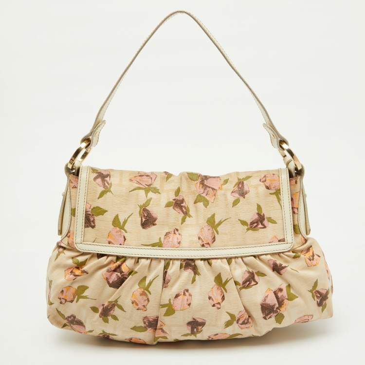 Pre Owned Fendi Beige Floral Print Zucca Canvas and Leather Chef Shoulder Bag