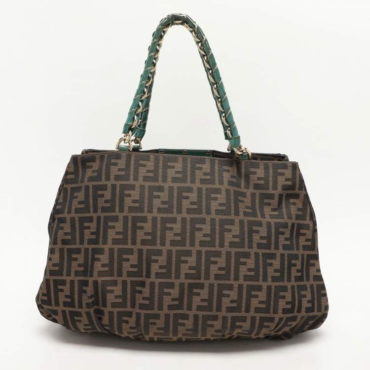 Pre Owned Fendi Tobacco Zucca Canvas And Patent Leather Large Mia Shoulder Bag