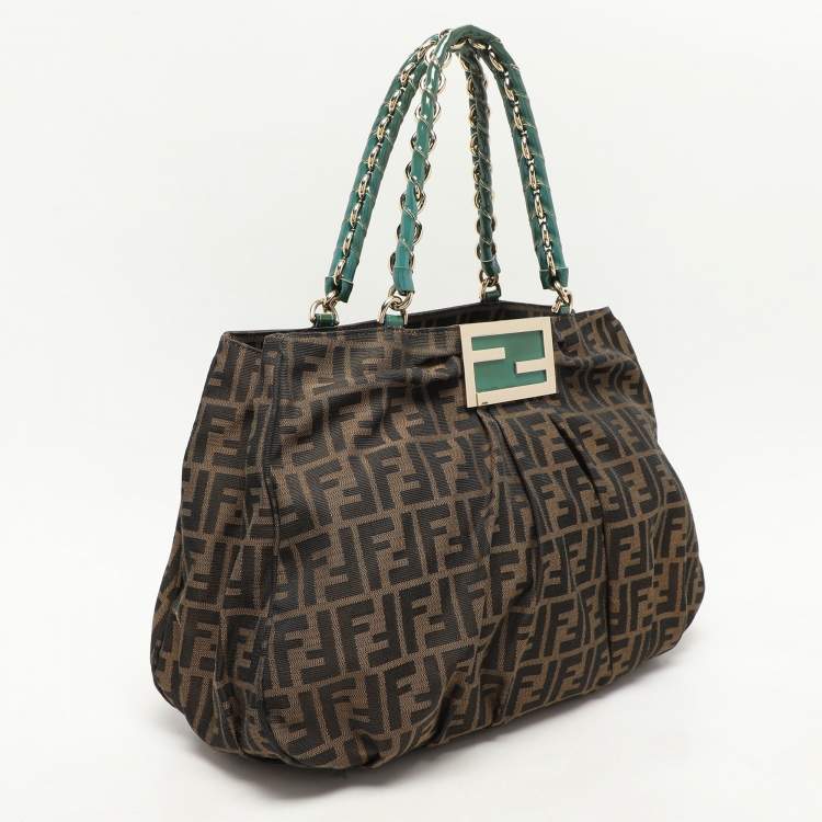 Pre Owned Fendi Tobacco Zucca Canvas And Patent Leather Large Mia Shoulder Bag