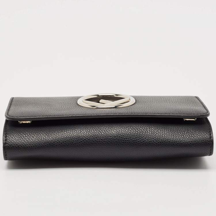 Pre Owned Fendi Black Leather Kan I F Wallet On Chain 