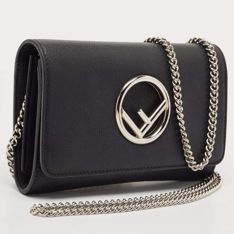 Pre Owned Fendi Black Leather Kan I F Wallet On Chain 