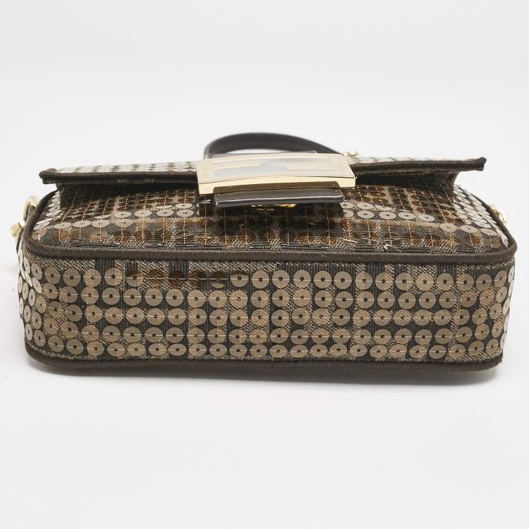 Pre Owned Fendi Tobacco Zucca Canvas and Sequins Mini Baguette Bag