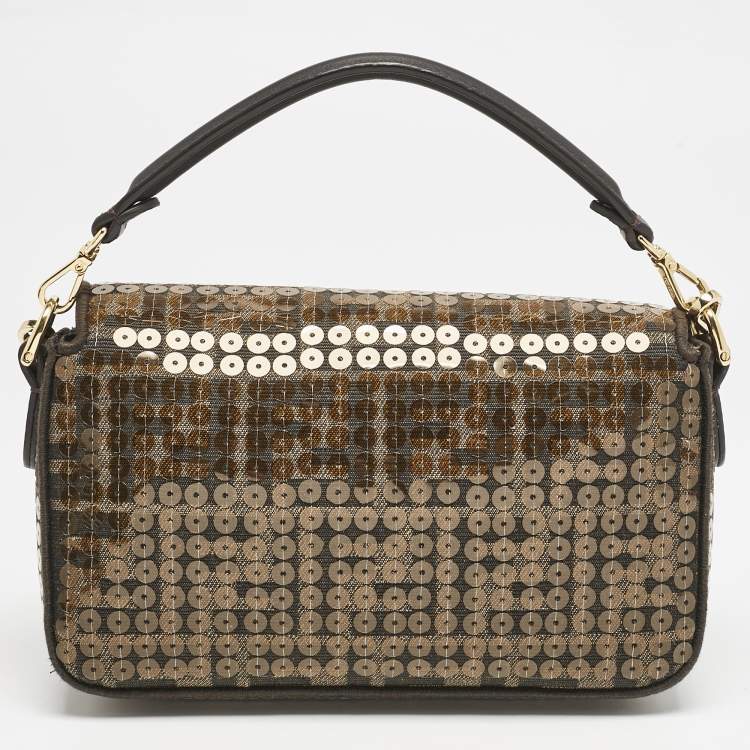Pre Owned Fendi Tobacco Zucca Canvas and Sequins Mini Baguette Bag