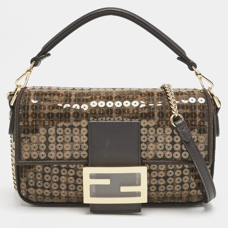 Pre Owned Fendi Tobacco Zucca Canvas and Sequins Mini Baguette Bag