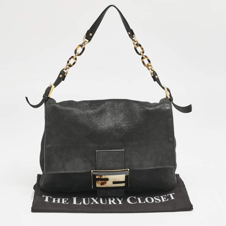 Pre Owned Fendi Black Shimmer Leather Large Mama Forever Flap Shoulder Bag
