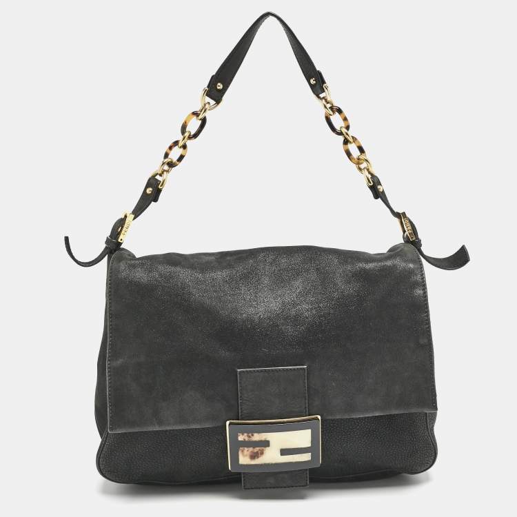 Pre Owned Fendi Black Shimmer Leather Large Mama Forever Flap Shoulder Bag
