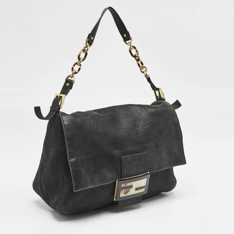 Pre Owned Fendi Black Shimmer Leather Large Mama Forever Flap Shoulder Bag