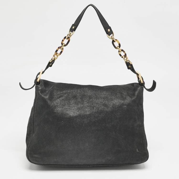Pre Owned Fendi Black Shimmer Leather Large Mama Forever Flap Shoulder Bag