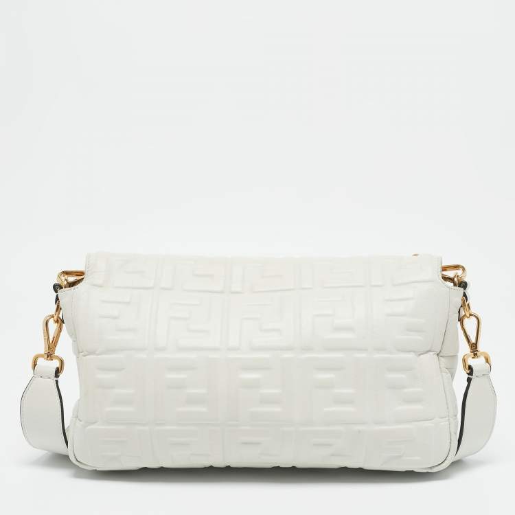 Pre Owned Fendi White Zucca Embossed Leather Baguette NM Bag