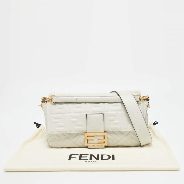 Pre Owned Fendi White Zucca Embossed Leather Baguette NM Bag