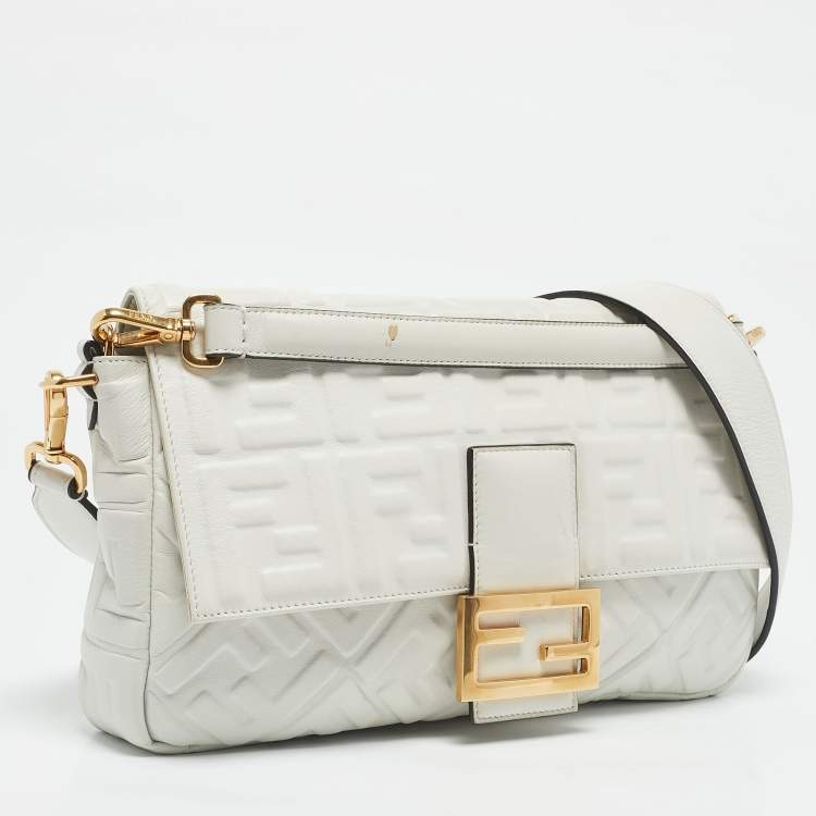 Pre Owned Fendi White Zucca Embossed Leather Baguette NM Bag