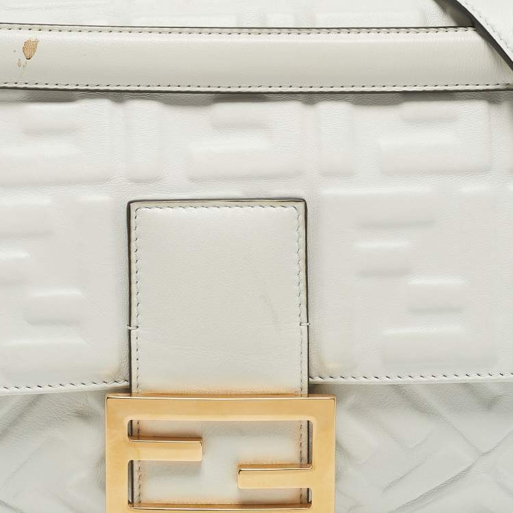 Pre Owned Fendi White Zucca Embossed Leather Baguette NM Bag