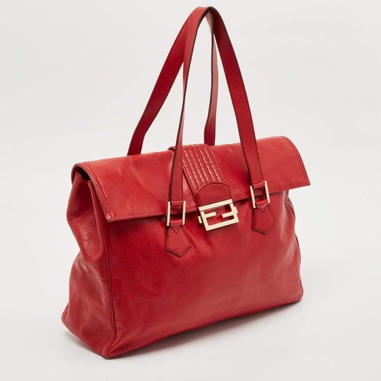 Pre Owned Fendi Red Leather Forever Flap Tote
