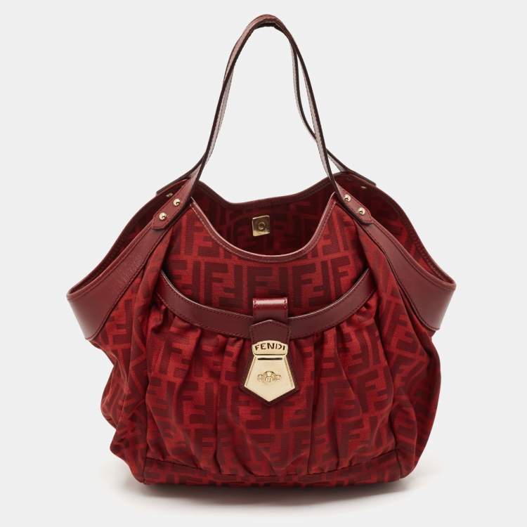 Pre Owned  Fendi Red Zucca Canvas and Leather Borsa Chef Tote