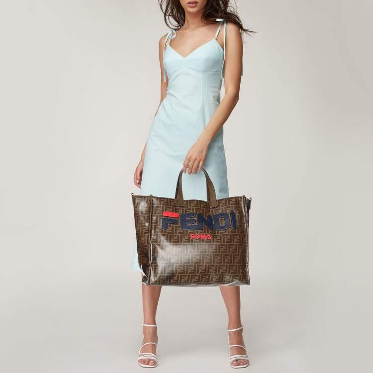 Pre Owned Fendi x Fila Brown Zucca Coated Fabric Large FF 1974 Mania Shopping Tote
