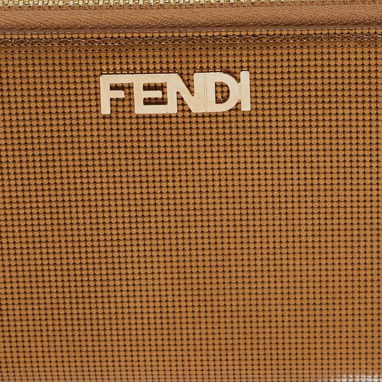Pre Owned Fendi Gold Embossed Leather Logo Zip Continental Wallet
