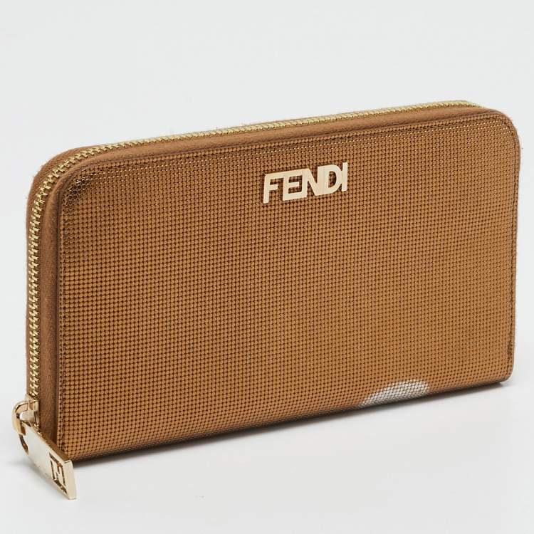 Pre Owned Fendi Gold Embossed Leather Logo Zip Continental Wallet