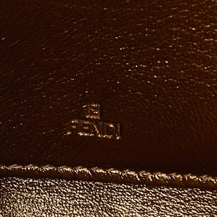 Pre Owned Fendi Gold Embossed Leather Logo Zip Continental Wallet