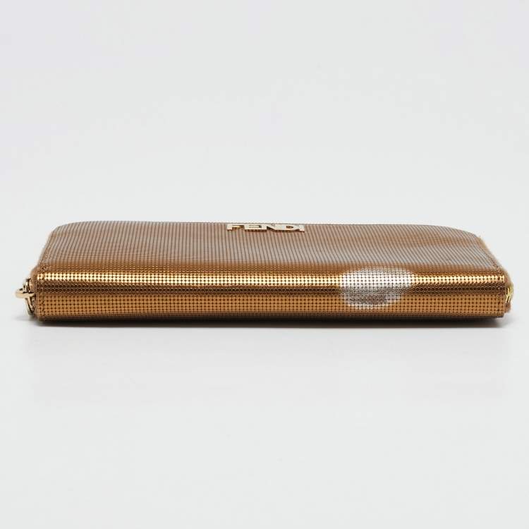 Pre Owned Fendi Gold Embossed Leather Logo Zip Continental Wallet