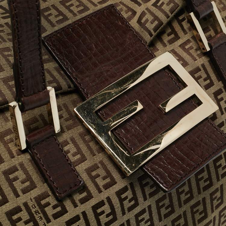 Pre Owned Fendi Beige/Brown Zuchinno Fabric and Leather Forever Flap Tote
