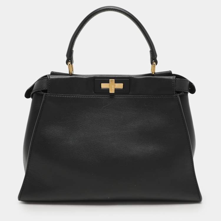 Pre Owned Fendi Black Leather Medium Peekaboo Top Handle Bag