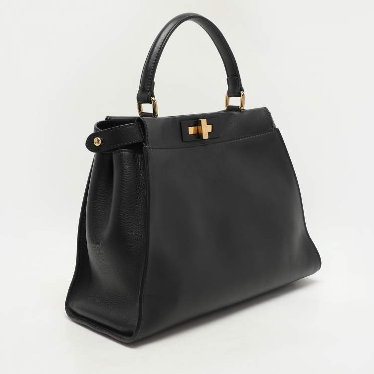Pre Owned Fendi Black Leather Medium Peekaboo Top Handle Bag