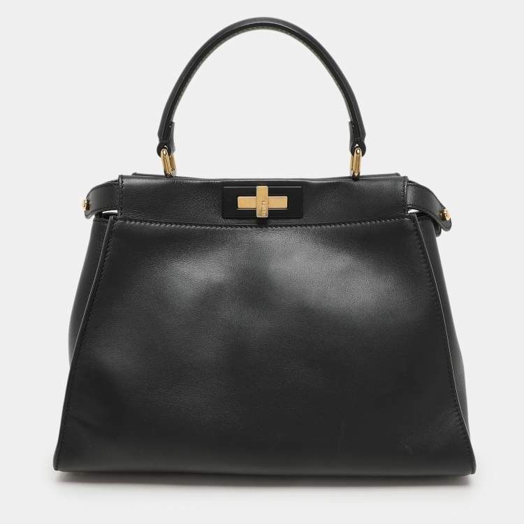 Pre Owned Fendi Black Leather Medium Peekaboo Top Handle Bag