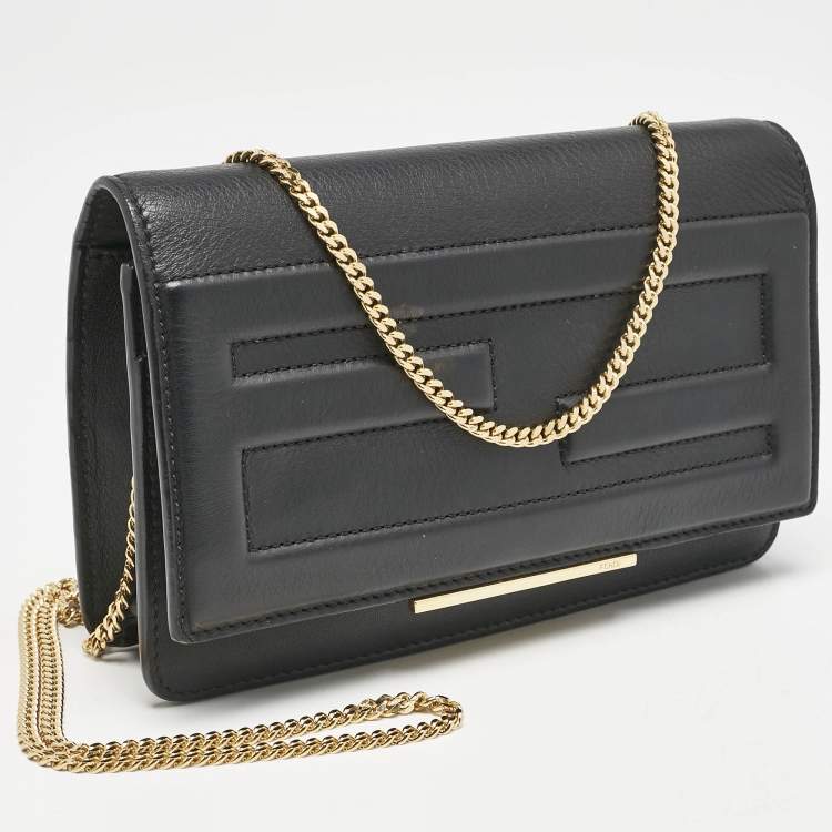 Pre Owned Fendi Black Leather Tube Wallet on Chain