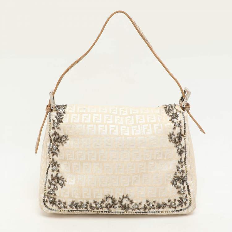 Pre Owned Fendi Beige/White FF Canvas and Lizard Embellished Mama Baguette Bag
