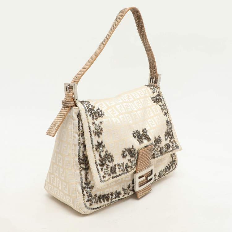 Pre Owned Fendi Beige/White FF Canvas and Lizard Embellished Mama Baguette Bag