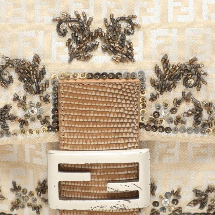 Pre Owned Fendi Beige/White FF Canvas and Lizard Embellished Mama Baguette Bag