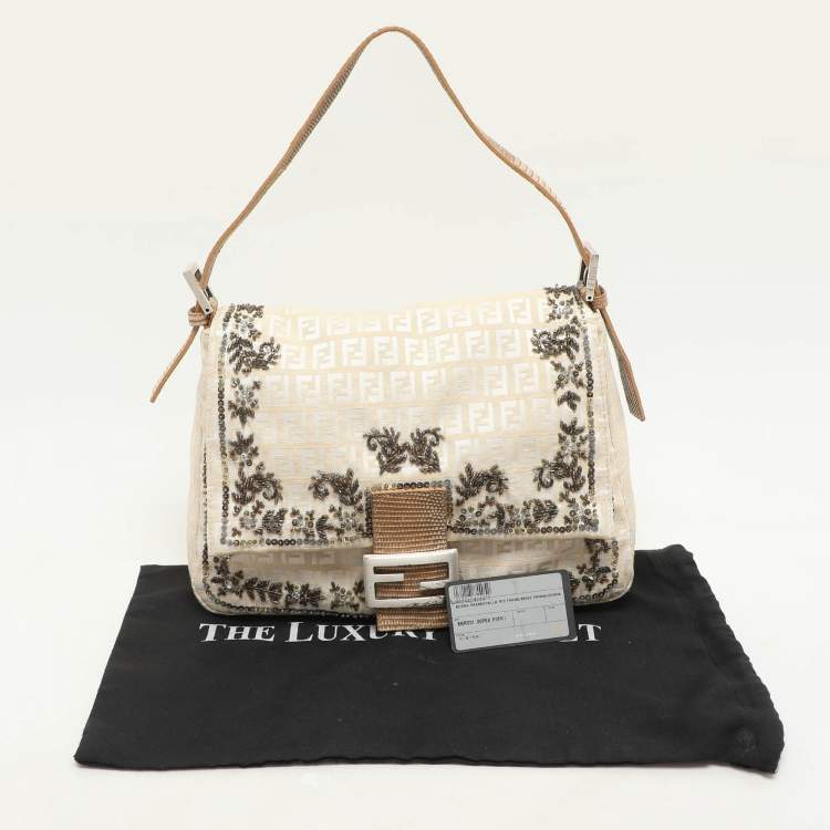 Pre Owned Fendi Beige/White FF Canvas and Lizard Embellished Mama Baguette Bag