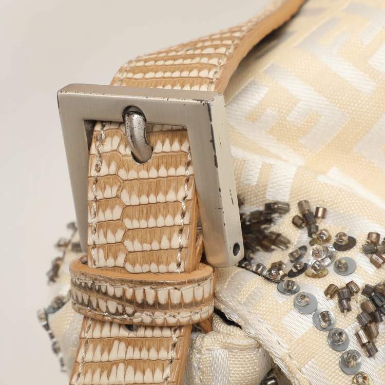 Pre Owned Fendi Beige/White FF Canvas and Lizard Embellished Mama Baguette Bag