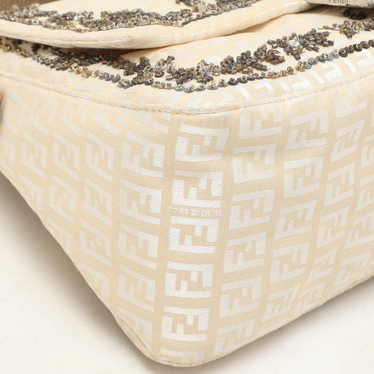 Pre Owned Fendi Beige/White FF Canvas and Lizard Embellished Mama Baguette Bag
