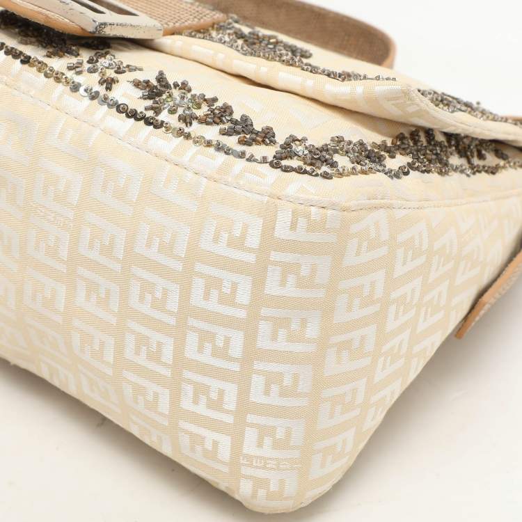 Pre Owned Fendi Beige/White FF Canvas and Lizard Embellished Mama Baguette Bag