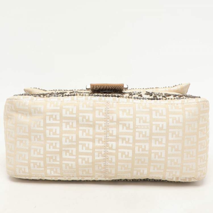 Pre Owned Fendi Beige/White FF Canvas and Lizard Embellished Mama Baguette Bag