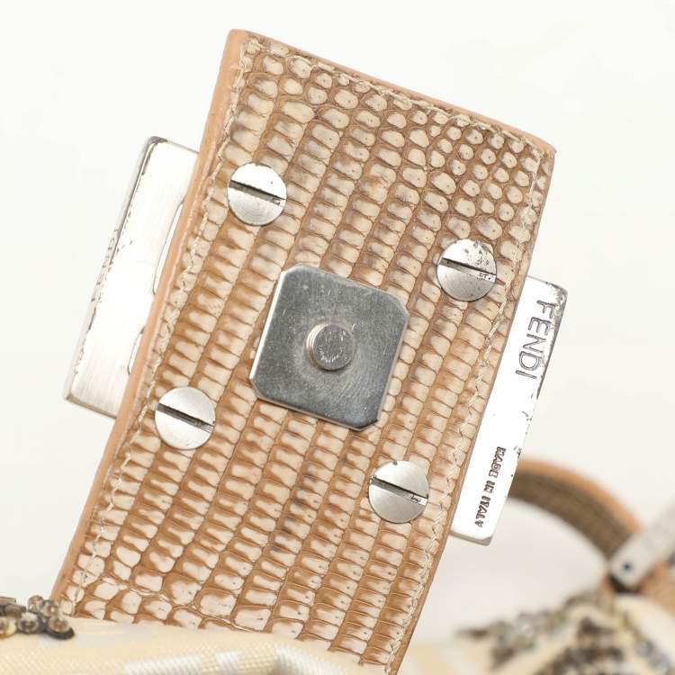 Pre Owned Fendi Beige/White FF Canvas and Lizard Embellished Mama Baguette Bag
