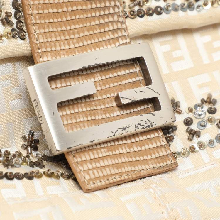 Pre Owned Fendi Beige/White FF Canvas and Lizard Embellished Mama Baguette Bag