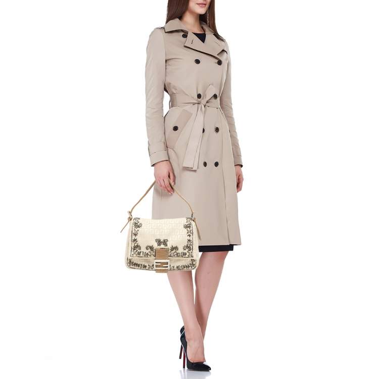 Pre Owned Fendi Beige/White FF Canvas and Lizard Embellished Mama Baguette Bag