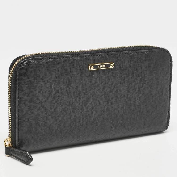 Pre Owned Fendi Black Leather Elite Zip Continental Wallet