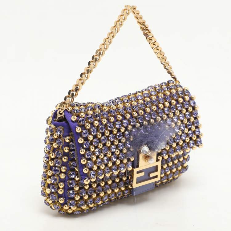 Pre Owned Fendi Purple/Gold Satin Crystal Studded Fur Micro Baguette Bag